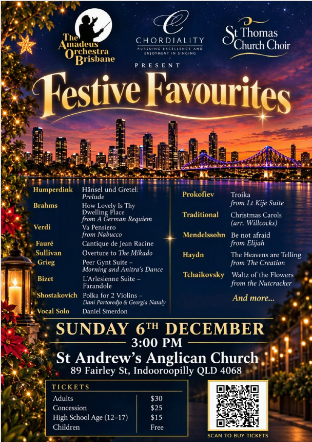Come and see ‘Festive Favourites’ – an end-of- season collaboration proudly presented by The Amadeus Orchestra, Chordiality and St Thomas Church Choir